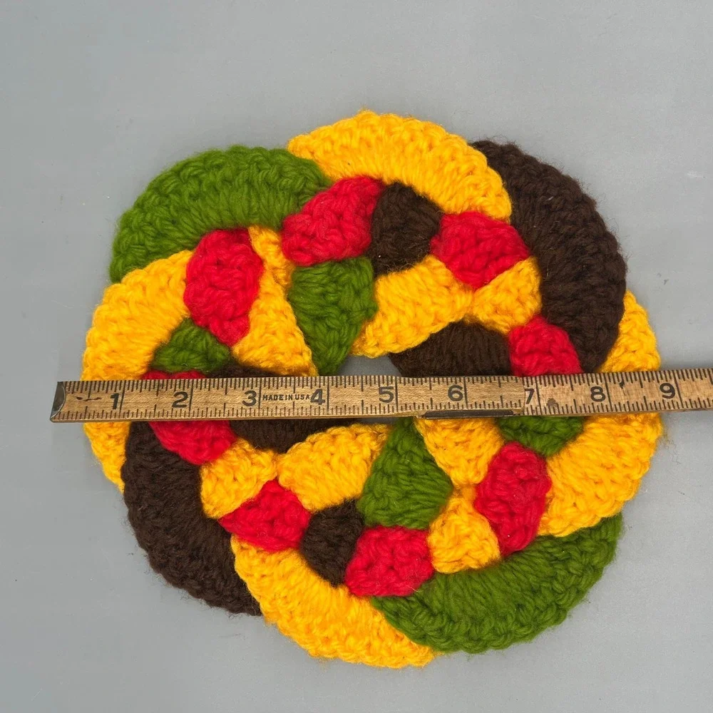 Vtg Crochet Hot Pad Trivet Handmade Potholder Decor Round Yellow Green Brown MCM